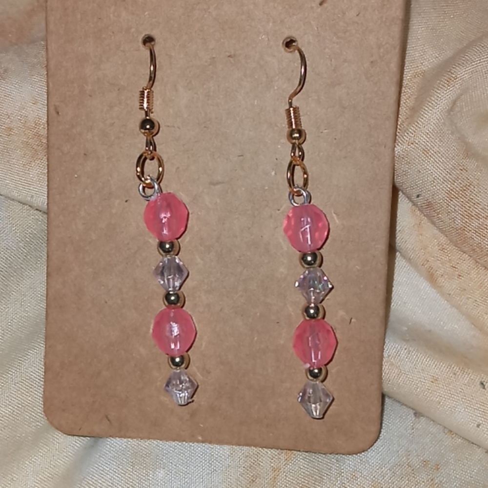 Hand Crafted gold plated pink crystal statement drop Earrings New